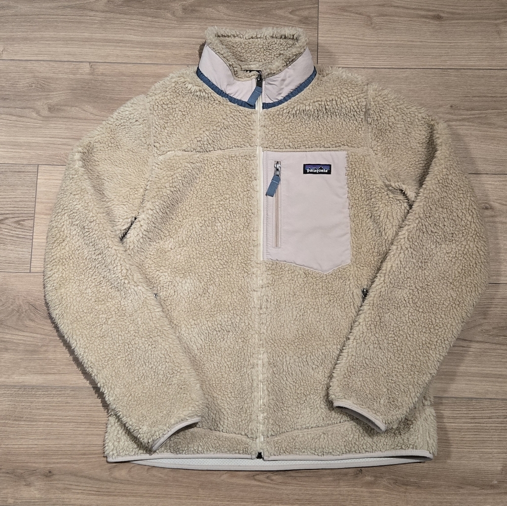Patagonia Beige Fleece Jacket with Blue Accents - Retro - Men's size L